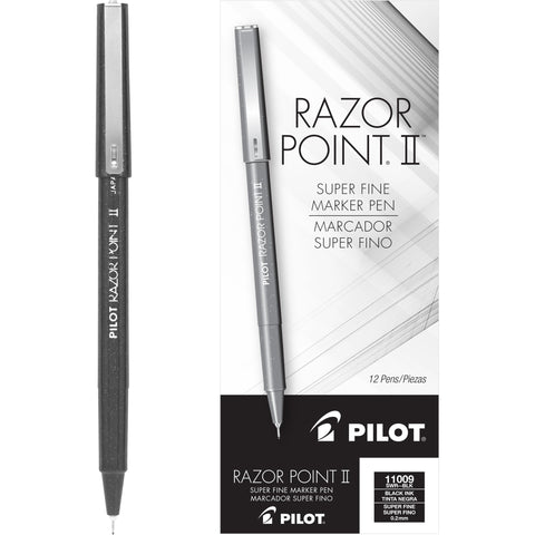 PILOT Razor Point II Fine Line Marker Stick Pens, Point (0.2mm) Black Ink, 12-Pack (11009)