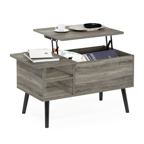 Furinno Jensen Living Room Wooden Leg Lift Top Coffee Table With Hidden Compartment and Side Open Storage Shelf French Oak Grey