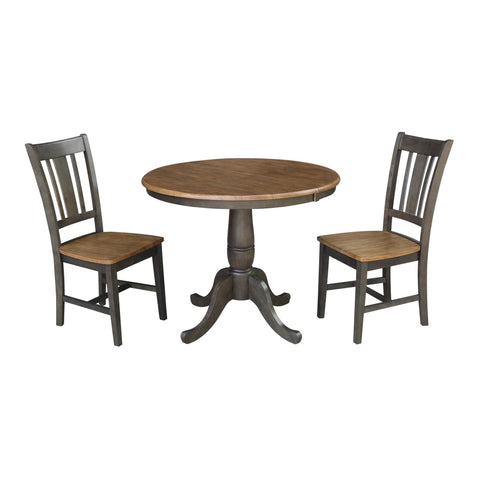 IC INTERNATIONAL CONCEPTS 36" Round Wood Extension Dining Table with 2 Chairs in Hickory/Washed Coal