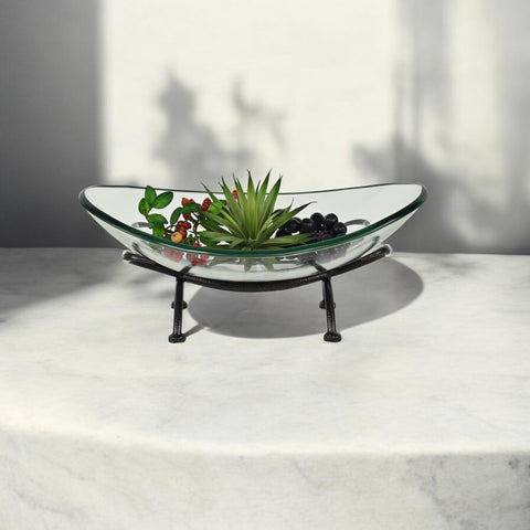 Cheungs Olivan Tempered Glass Bowl & Metal Stand - Oval 17.25" - Decorative Storage for Living Room, Modern Black Finish