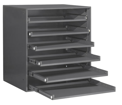 Heavy Duty Bearing Slide Rack Cold-Rolled Steel 6 Sliding Compartments Positive Closure Feature To Keep Trays In Punched Holes For Installation Gray