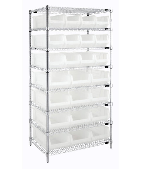 Quantum Storage Systems WR8-950952CL 8-Tier Complete Wire Shelving System with 12 QUS950CL and 12 QUS952CL Clear-View Hulk Bins, Chrome Finish, 24" Width x 36" Length x 74" Height