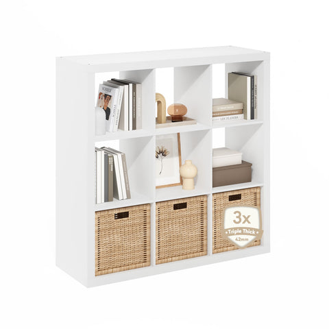 Furinno Cubicle Book Shelf, 9-Cube Bookshelf, Triple Thick Frame Cube Storage Organizer Bookcase, 1.65" Thick, 15.3 x 43.8 x 43.3, for Living Room, Bedroom, Home Office, White