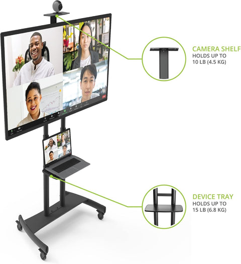 Kanto MTM86PL Height Adjustable Rolling TV Stand for most 55" - 86" TVs and Interactive Displays - Supports TVs up to 200lbs - Includes a top shelf and keyboard tray - Max VESA 800x500
