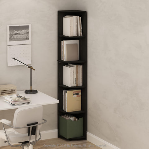 Furinno Basic Book Shelf, 5-Tier Bookshelf, Bookcase with Multipurpose Corner Shelf, 12 x 12 x 70.8, for Living Room, Bedroom, Home Office, Espresso