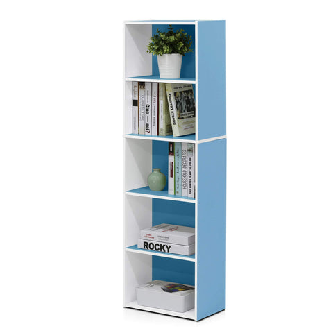 Furinno LUDER Book Shelf, 5-Tier Bookshelf, Bookcase with Open Shelves, 9.4 x 15.8 x 52, Easy Assembly, for Living Room, Bedroom, Home Office, White/Light Blue