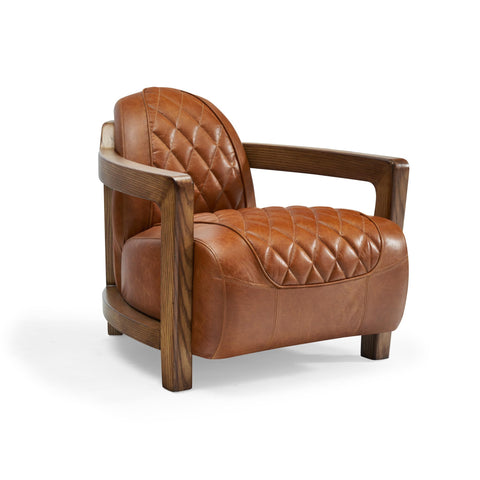 Pasargad Home Ethan Lounge Chair, Brown Top Grain Cognac Leather with Solid Ash Wood Armrest for Living Room, Bedroom, Home Office
