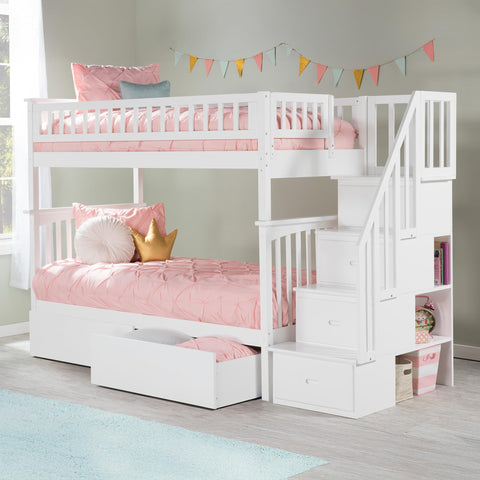 AFI Columbia Twin over Twin Size Staircase Bunk Bed with Bed Drawers & Charging Station in White