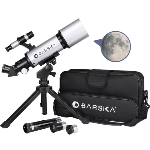 Barska Starwatcher Astronomical Refractor Telescope 300x Magnification for Beginners & Kids with Barlow Lens, 2 Interchangeable Eyepieces, Finder Scope, Table Top Tripod