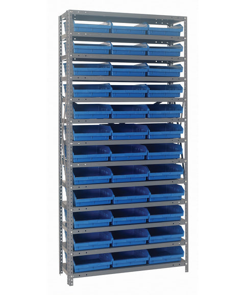 Quantum Storage Systems 1275-109BL Steel Shelving Unit with 4" Shelf Bins, 12" D x 36" W x 75" H, Blue