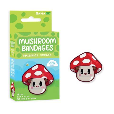 GAMAGO Mushroom Bandages for Kids & Kidults - Set of 18 Individually Wrapped Self Adhesive Bandages - Sterile, Latex-Free, Easily Removable - Funny Gift & First Aid Addition