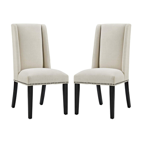 Modway Baron Modern Tall Back Wood Upholstered Fabric Two Dining Chairs in Beige