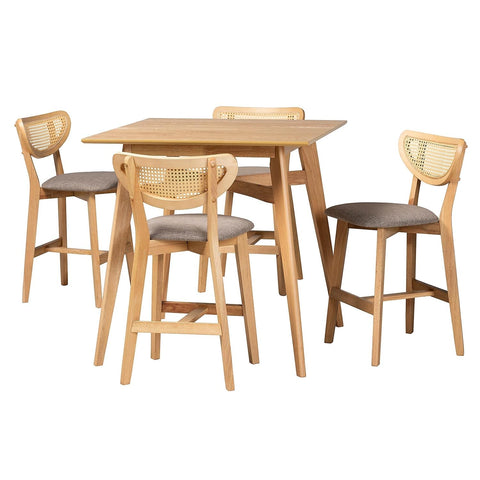 Baxton Studio Dannell 5-Piece Fabric & Wood Pub Set in Gray/Natural Oak