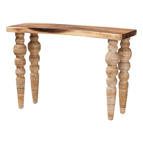 Bali & pari Nasnan Teak Wood Console Table with Seagrass and Bobbin Legs - Sculptural Narrow Entryway Table with Hand-Wrapped Turned Legs for Hallway, Living Room, or Walkway