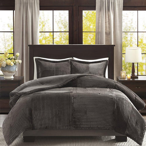 Oakestry Warmth Soft and Comfortable Plush Comforter Mini Bedding Set Cozy Corduroy Pattern with Comfy Pillow Sham Comforter, King/California King, Grey