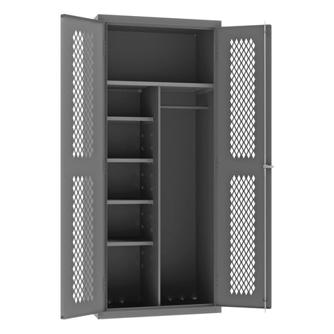 Durham Heavy Duty Welded 14 Gauge Steel Ventilated Janitorial Cabinet with Wardrobe/Broom Storage, EMDC-362484-HDL-95, 24" Length x 36" Width x 84" Height, 5 Shelves