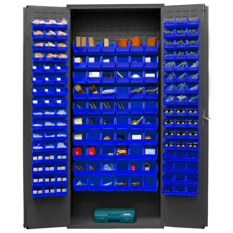 Durham 3603-156B-5295 Lockable Bin Cabinet with 156 Blue Hook-On Bins, Flush Door Style, 36" Wide, 14 Gauge, Gray