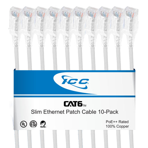 ICC CAT6 Slim Ethernet Patch Cord with Clear Boot Strain Relief, RJ45, Stranded, 550 MHz, UTP, Pure Bare Copper Wire, 28 AWG, LAN Network Patch Cable, White, 1 FT, 10-Pack