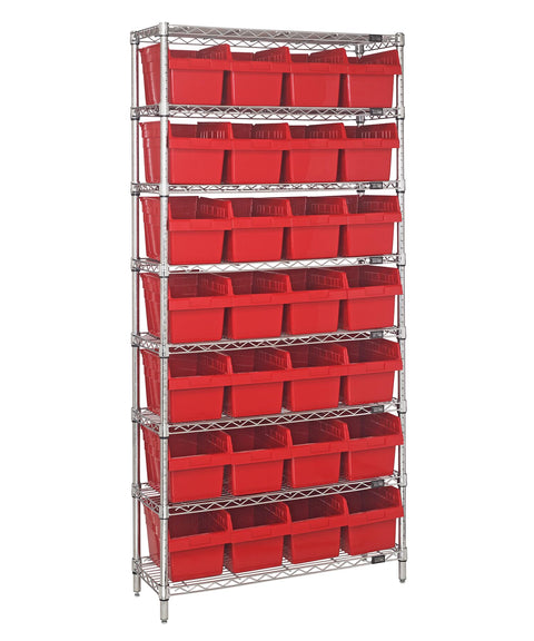 Quantum Storage Systems WR8-807RD Wire Heavy Duty 8 Shelves 28 STORE-MAX Red Bins 74" H x 36" W x 12" D