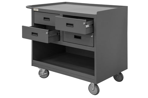 Mobile Bench Cabinet With 5 Inch X 1-1/4 Inch Polyurethane Casters (2) Rigid And (2) Swivel 1 Shelf And 4 Drawers Steel Top Work Surface With Top Lip Down And Tubular Push Handle Gray