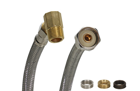 Fluidmaster 1W72CU Dishwasher Connector With 3/8-Inch Elbow Fitting And Size Adaptors, Braided Stainlsess Steel - 3/8 Compression, 7/16 Compression, 1/2 Compression, or 1/2 F.I.P. Thread x 3/8 Compression Thread, 72-Inch Length