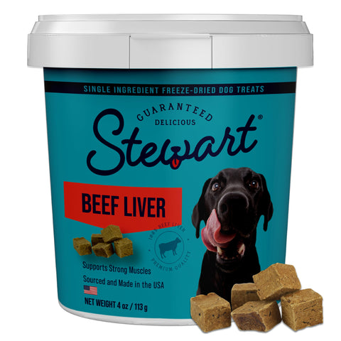 Stewart Beef Liver Dog Treats, 4 oz, ~90 Pieces, Freeze Dried Raw, Single Ingredient, 50% Protein Training Treats or Meal Topper in a Resealable Tub, Grain Free, Gluten Free