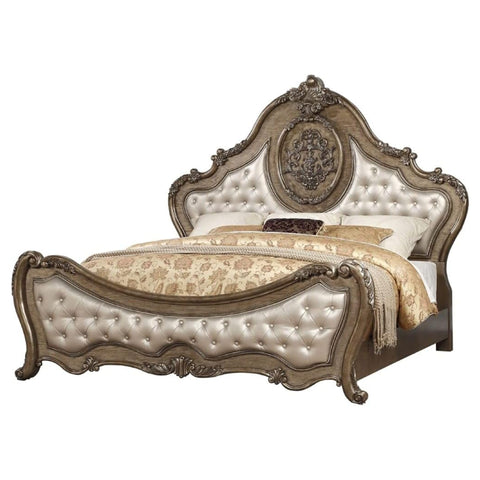 Oakestry Ragenardus Queen Bed Synthetic Leather Upholstered Headboard Vintage Oak Carved Wood Frame Elegant Bedroom Furniture Luxury Design Sturdy Construction Classic Style Timeless Comfort