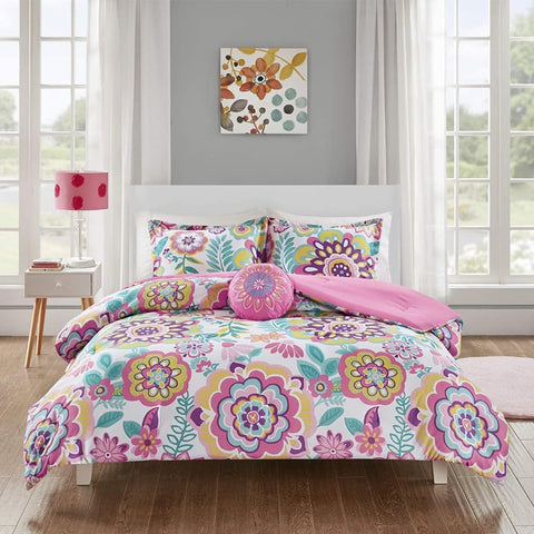 Oakestry 4Pc Camille Comforter Set Matching Sham Decorative Pillow, Girls Bedroom Décor, Full/Queen, Pink
