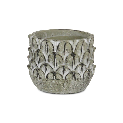 Cheung's Round, Cement Pot with Overlapping Feather Pattern Ceramic Planter, Gray