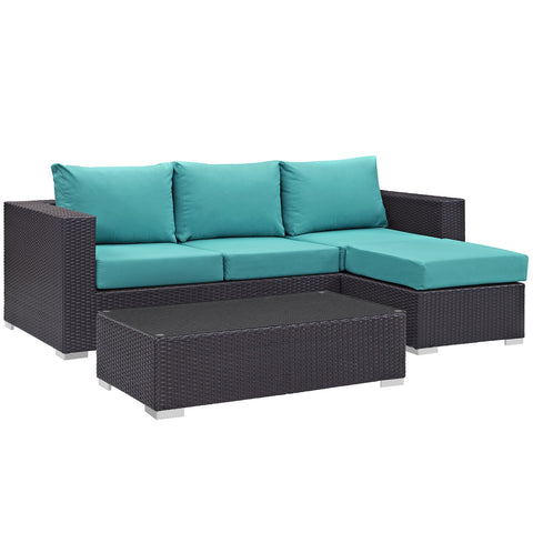 Modway Convene Wicker Rattan 3-Piece Outdoor Patio Furniture Sofa Set in Espresso Turquoise