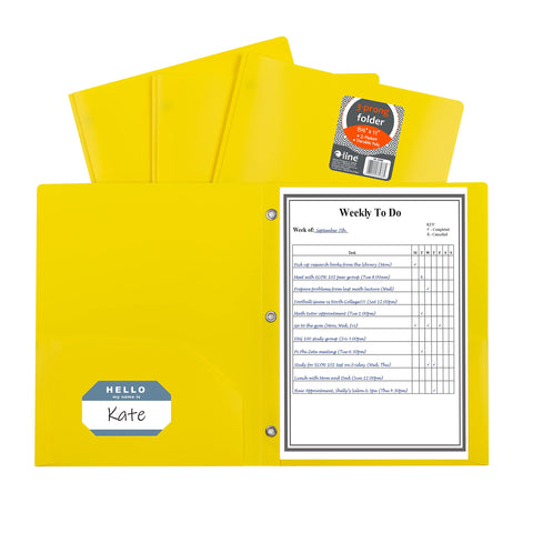 C-Line Two-Pocket Heavyweight Poly Portfolio with Prongs, For Letter Size Papers, Includes Business Card Slot, 1 Case of 25 Portfolios, Yellow (33966-25)