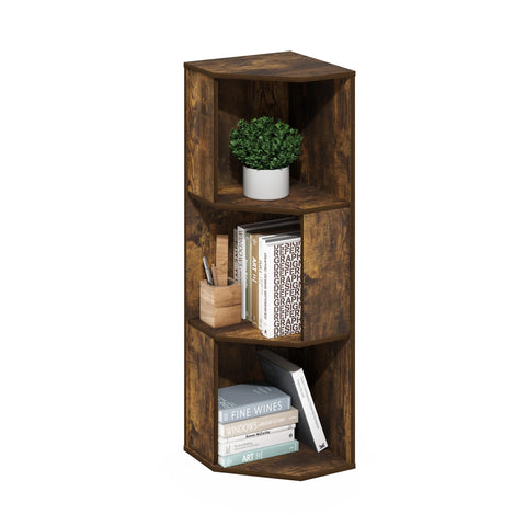 Furinno ECON Corner Shelf, 3-Tier Corner Book Shelf, Standing Storage Shelves, Cube Display Rack, Bookshelf, for Organization and Storage, Living Room, Home Office, Amber Pine