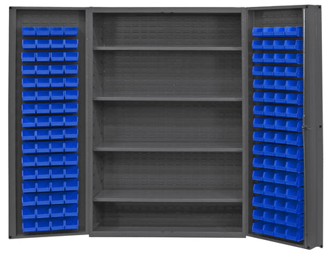 Heavy Duty Cabinet 14 Gauge 48 x 24 x 72 4 Adjustable Shelves 128 Blue Bins 4 Inch Deep Box Doors with Louvered Panel Lockable Chrome Handle with Keys Gray