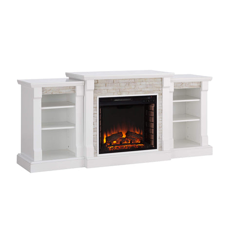 Gallatin Electric Fireplace w/ Bookcases  White w/ White Faux Stone