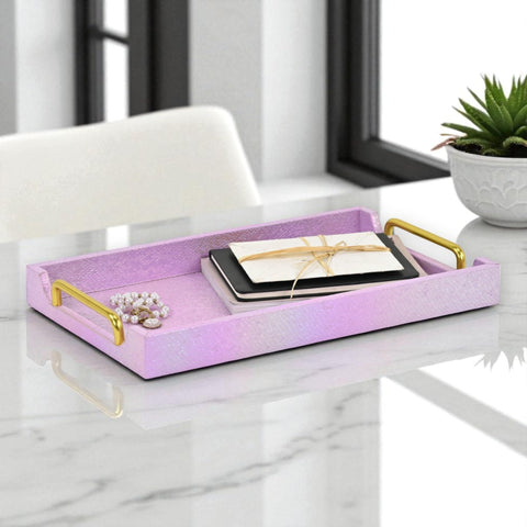 Nimue 15.75" Decorative Rectangular Tray - Prismatic Scale Pattern - Pink with Gold Handles - for Serving, Display, Organization - Ideal for Living Room or Home Office - by Cheungs