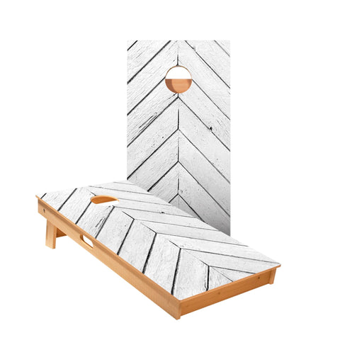 Skip's Garage White Angled Wood Panels Cornhole Boards - Includes (2) Boards (NO Bags) + (1) Carry Case, (2) Hole Lights & (2) Edge Lights