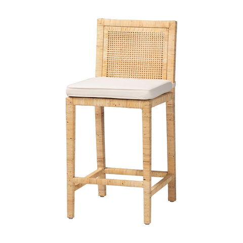 bali & pari Sofia Rattan Counter Stool with Mahogany Wood Frame - Handwoven Wicker Counter Chair with Removable Cushion, Light Honey