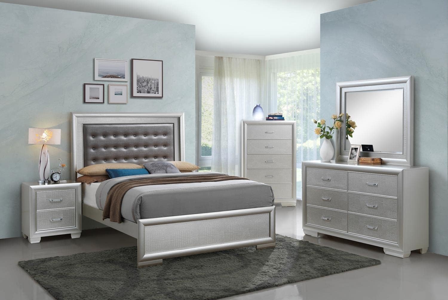 Passion Furniture Indoor Home Decorative Modern Furniture Kat Silver Champagne Queen Panel Beds