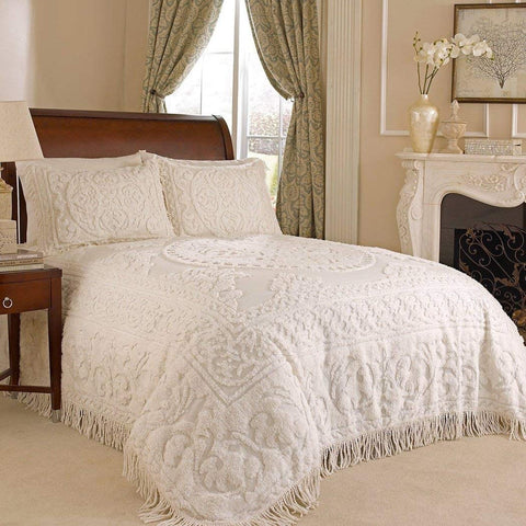 StarSun Depot King Size 100% Cotton Chenille Bedspread in Ivory with 2 Standard Size Pillow Shams