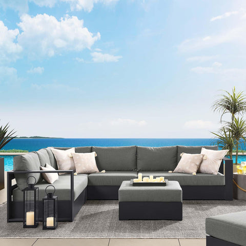 Modway Tahoe Aluminum 5-Piece Outdoor Patio Furniture Gray Charcoal, Modular Sectional Sofa Set with Weather-Resistant Cushion and Ottoman, Ideal for Deck, Backyard Poolside