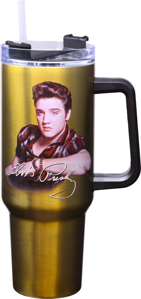 Spoontiques Stainless Steel Travel Mug, 40oz - Double Wall Insulation, Sturdy Handle, Sliding Lock Travel Lid - Elvis