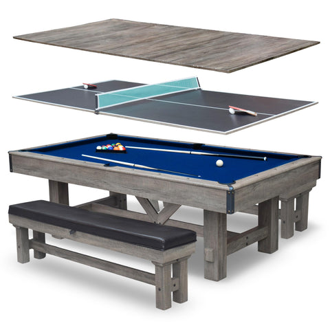 Hathaway Logan 7 Foot Pool Table Combo with Benches – Billiard Table with Ping Pong and Dining Tops – Comes with Complete Game Accessories and Built-In Storage - Rustic Gray Barnwood Finish, Blue Felt