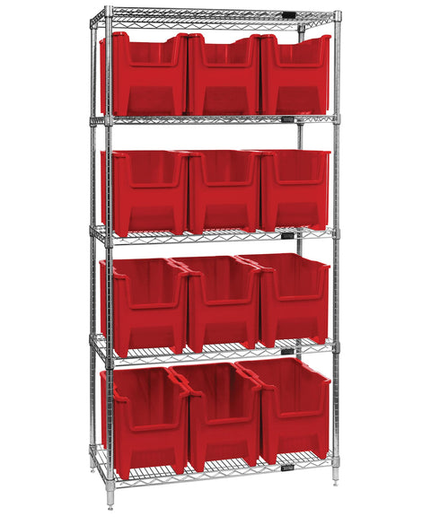 Quantum Storage Systems WR5-600RD 5-Tier Complete Wire Shelving System with 12 QGH600 Red Giant Stack Bins, Chrome Finish, 18" Width x 36" Length x 74" Height