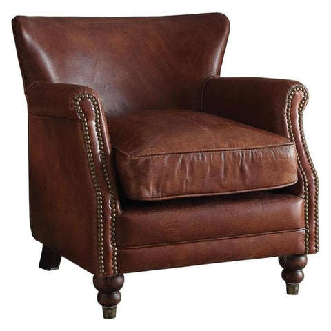 Oakestry Leeds Top Grain Leather Accent Chair Vintage Dark Brown Modern Living Room Furniture Elegant Armchair Sturdy Wood Frame Plush Cushion Premium Comfort Stylish Seating for Home or Office