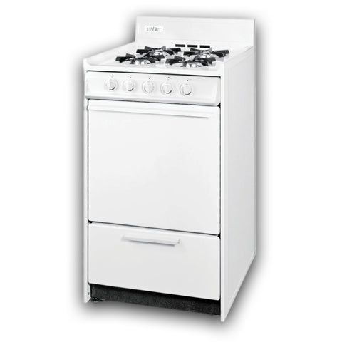 Summit 20" Gas Range, 4 Opened Burners, 2.46 cu.ft Capacity oven, white- WNM1107