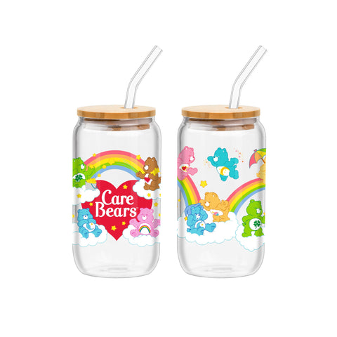 Silver Buffalo Care Bears Featuring Tenderheart, Cheer, Bedtime, Good Luck, Wish, Love-A-Lot, and Birthday Bear 2 Pack Glass Jar Tumbler with Bamboo Lid and Glass Straw, 16 Ounces