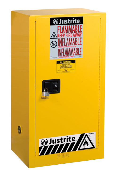 Justrite 20 Gallon Manual Close Paint and Ink Safety Cabinet, 18 Gauge Steel, 2 Shelves, 23" x 44" x 18", 1 Door Combustibles Cabinet, Made in The USA, Yellow, 891510