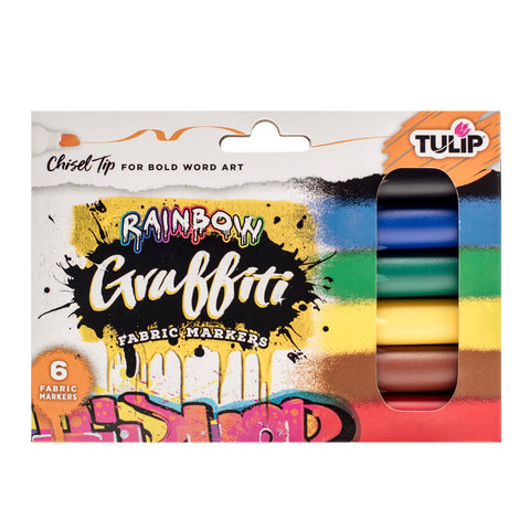 Tulip Graffiti Fabric Markers Chisel Tip 6pk, Rainbow, Premium Quality Ink, Permanent, for Fabric Painting, Drawing, Coloring, Writing on Clothes