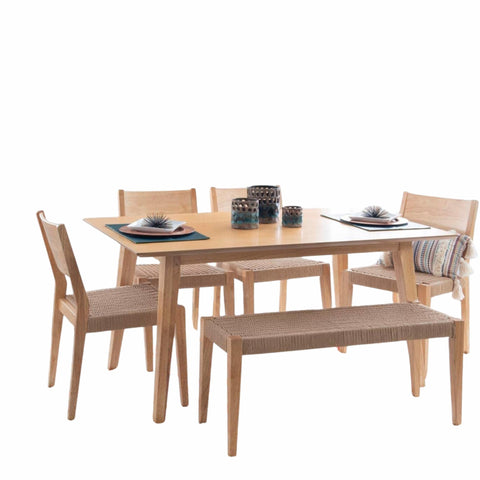 Oakestry Cadence 6-Piece Mid-Century Modern Dining Set, Natural Wood Finish with Handwoven Rope Seats – 36"x60" Table, 4 Chairs & Bench, Solid Wood Construction