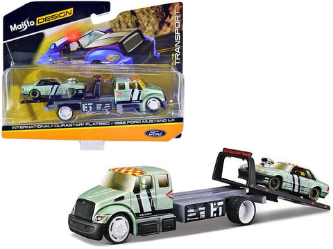 Maisto International DuraStar Flatbed Truck #17 and 1988 Ford Mustang LX #17 Light Green Metallic with Stripes and Graphics Elite Transport Series 1/64 Diecast Models
